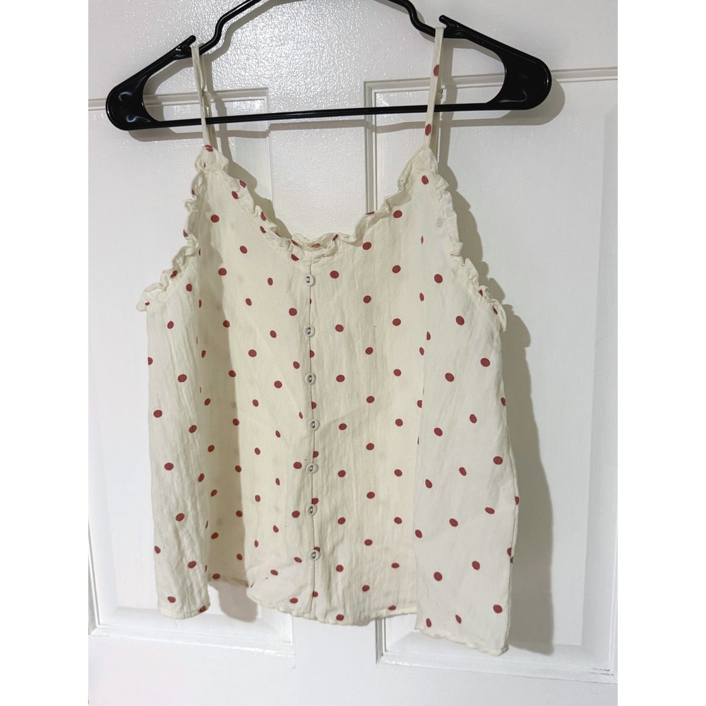 E & M Womens Polka Dot Button Front Camisole Top Cream Red Ruffle Trim‎ Small